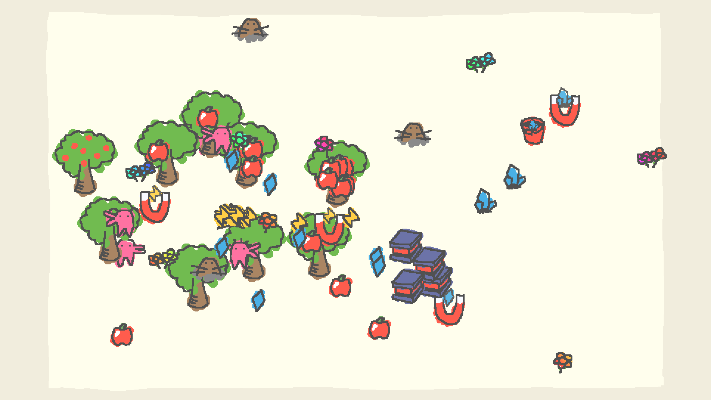 Florp Farming: hand-drawn apple trees, pink florps, blue gems, magnets, and beehives scattered across a cream field